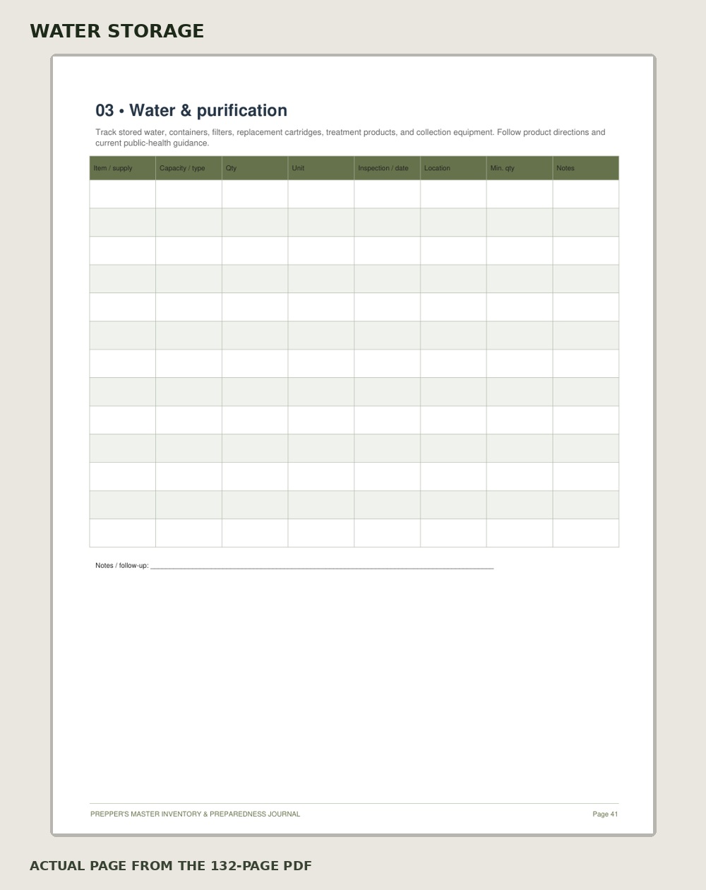 Actual water storage worksheet preview